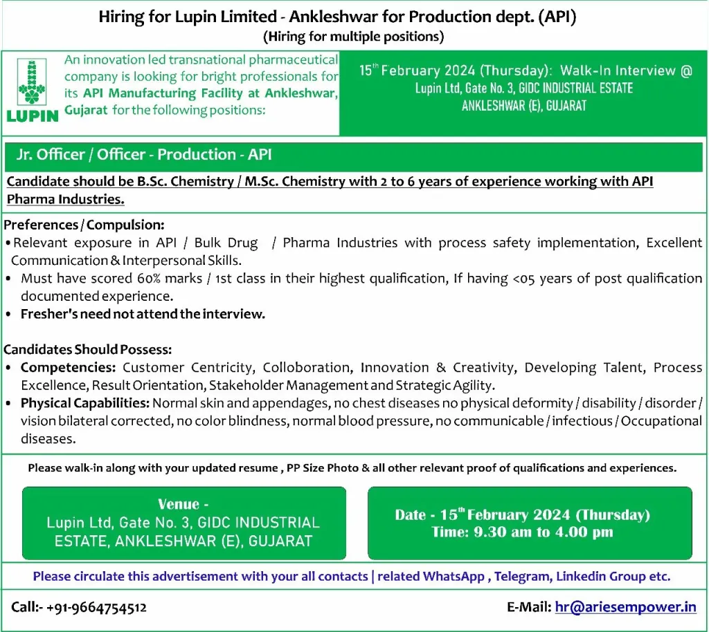 Lupin Limited - Walk-In Interviews on 15th Feb 2024